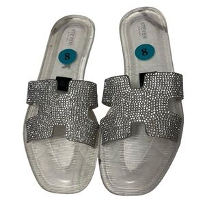 Steven New York by Steve Madden Crystal Embellished Silver Slide Sandals. Size 8